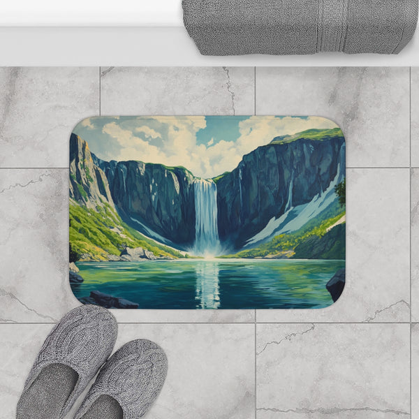 Hokkaido Japan Painting Waterfalls Big Mountains an — Memory Foam Bath Mat — Modern Bathroom Floor Lifestyle View