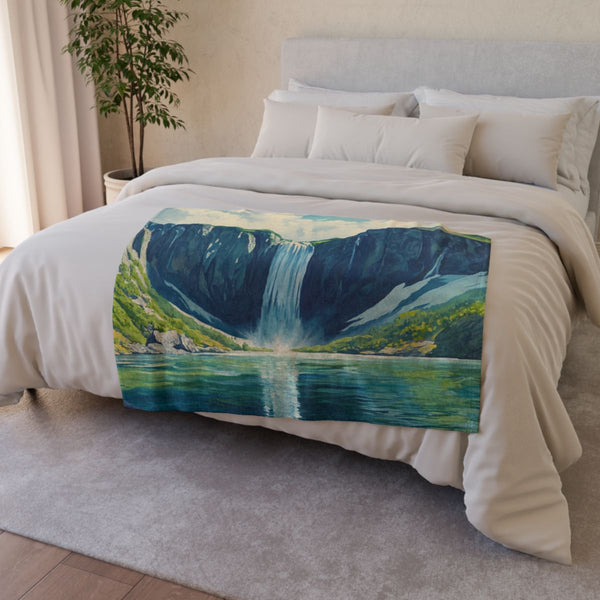 Hokkaido Japan Painting Waterfalls Big Mountains An — 50×60 Plush Throw Blanket — Draped Over Sofa & Bed Lifestyle View