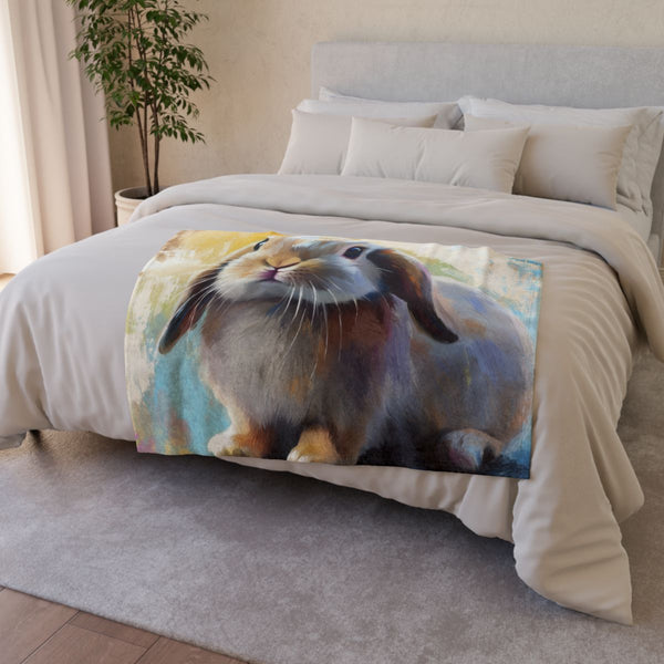 Cute Holland Lop Bunny Watercolor (Edition XIV) — 50×60 Plush Throw Blanket — Draped Over Sofa & Bed Lifestyle View