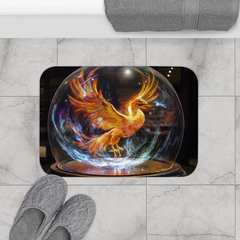 Holographic Phoenix Beneath Glass Dome — Memory Foam Bath Mat — Modern Bathroom Floor Lifestyle View