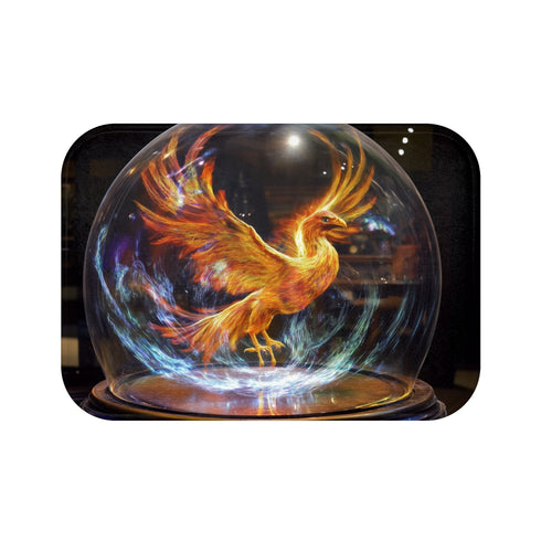 Holographic Phoenix Beneath Glass Dome — Memory Foam Bath Mat — Top-Down Memory Foam Bath Mat View