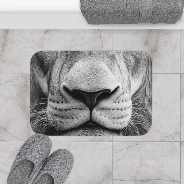Hyper Realism Drawing of Lion Face Main Very Evident — 61×43 Memory Foam Bath Mat — Modern Bathroom Floor Lifestyle View