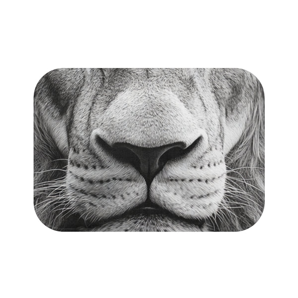 Hyper Realism Drawing of Lion Face Main Very Evident — 61×43 Memory Foam Bath Mat — Top-Down Velvet Microfibre Artwork View