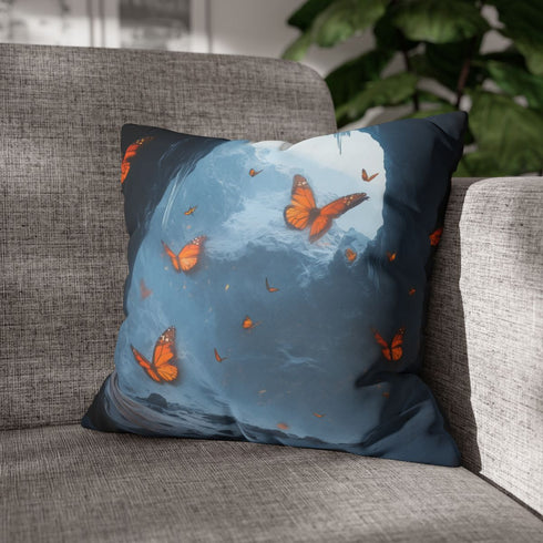 Ice Cave Filled with Glowing Butterflies — Double-Sided Cushion Cover — Sofa & Armchair Living Room Lifestyle View