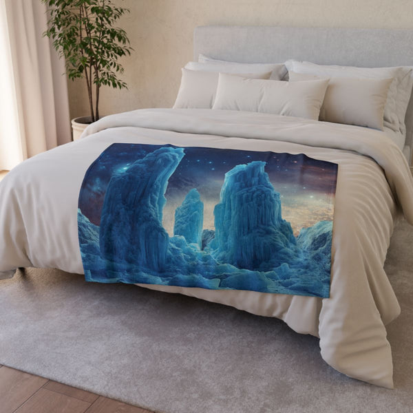 Ice Pillars Rising from Cosmic Sea (Edition VIII) — Plush Fleece Throw Blanket — Drape over Sofa & Bed Lifestyle View