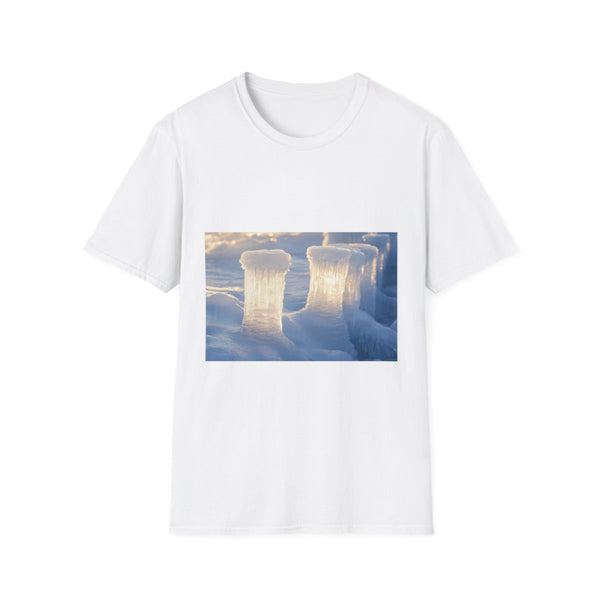 Ice Pillars Rising from Cosmic Sea Graphic Unisex Softstyle T-Shirt - Front View