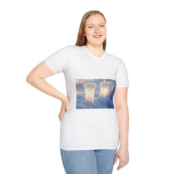 Ice Pillars Rising from Cosmic Sea Graphic Unisex Softstyle T-Shirt - Model View