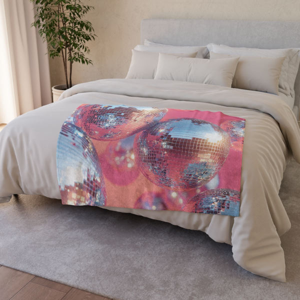 Illustration of Big Silver Sparkling Disco Balls — 50×60 Plush Throw Blanket — Draped Over Sofa & Bed Lifestyle View
