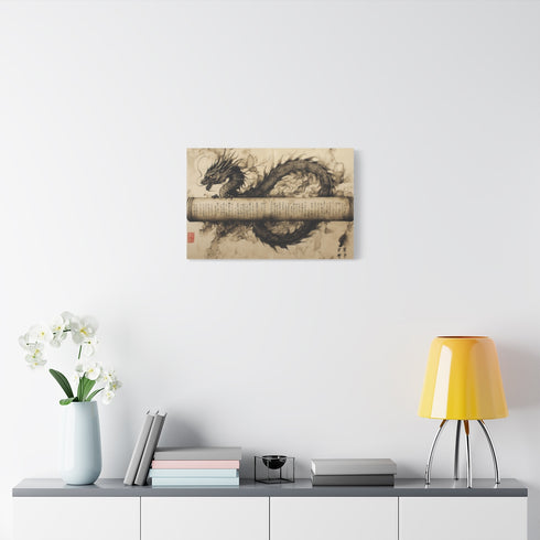 Ink Dragon Wrapping Ancient Scroll — Stretched Canvas Wall Art — Living Room Wall Lifestyle View