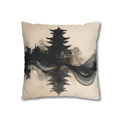 Ink Ribbon Forming Temple Skyline — 40×40 Cushion Cover — Sofa & Living Room Lifestyle View