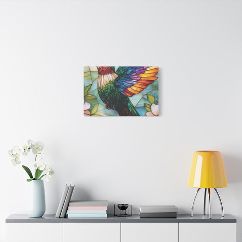 Iridescent Hummingbird in Dynamic Flight — Stretched Canvas Wall Art — Living Room Wall Lifestyle View