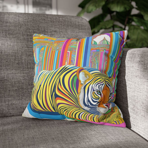 Jayesh.s Tiger and Elephant Seated in Multiple Colourfu — 40×40 Cushion Cover — Sofa & Armchair Living Room Lifestyle View