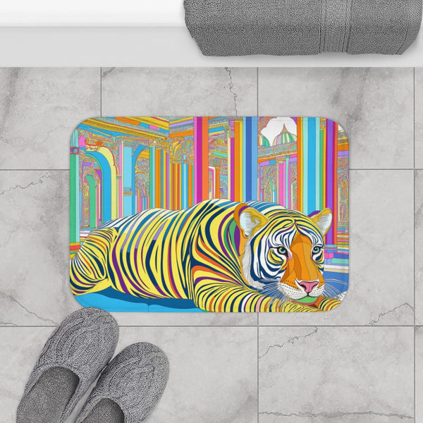 Jayesh.s Tiger and Elephant Seated in Multiple Colourfu — 61×43 Memory Foam Bath Mat — Modern Bathroom Floor Lifestyle View