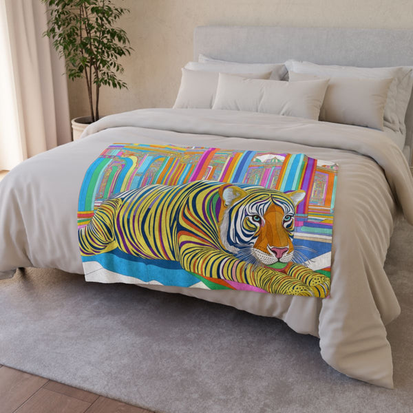 Jayesh.s Tiger and Elephant Seated in Multiple Colourfu — 50×60 Plush Throw Blanket — Draped Over Sofa & Bed Lifestyle View