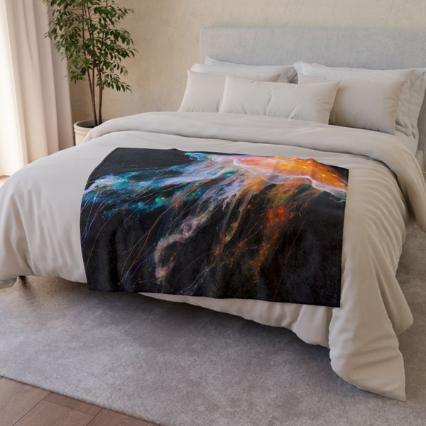 Jellyfish with Fiber Optic Tentacles (Edition IV) — Plush Fleece Throw Blanket — Drape over Sofa & Bed Lifestyle View