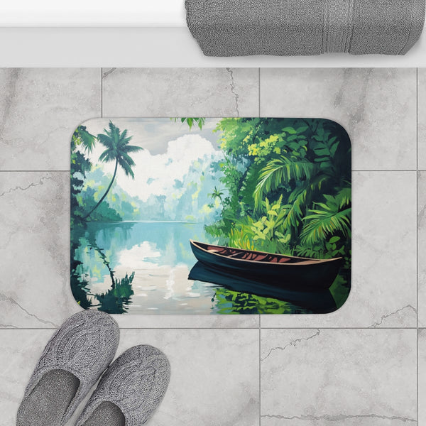 Journey Down the Amazon in Brazil Kayak Painting Ju — 61×43 Memory Foam Bath Mat — Modern Bathroom Floor Lifestyle View
