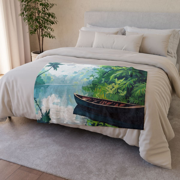 Journey Down the Amazon in Brazil Kayak Painting Ju (Edition II) — Plush Fleece Throw Blanket — Drape over Sofa & Bed Lifestyle View