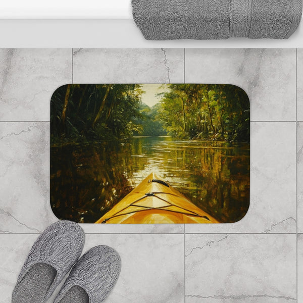 Journey Down the Amazon in Brazil Kayak Painting Ju — 61×43 Memory Foam Bath Mat — Modern Bathroom Floor Lifestyle View