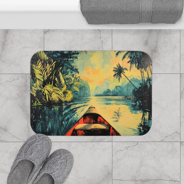 Journey Down the Amazon in Brazil Kayak Painting Ju — 61×43 Memory Foam Bath Mat — Modern Bathroom Floor Lifestyle View