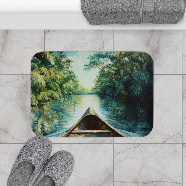 Journey Down the Amazon in Brazil Kayak Painting Ju (Edition IX) — Memory Foam Bath Mat — Modern Bathroom Floor Lifestyle View