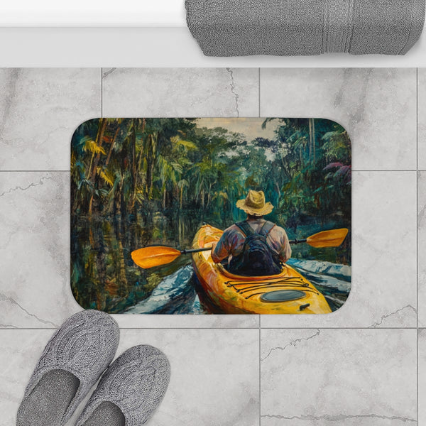 Journey Down the Amazon in Brazil Kayak Painting Ju — 61×43 Memory Foam Bath Mat — Modern Bathroom Floor Lifestyle View