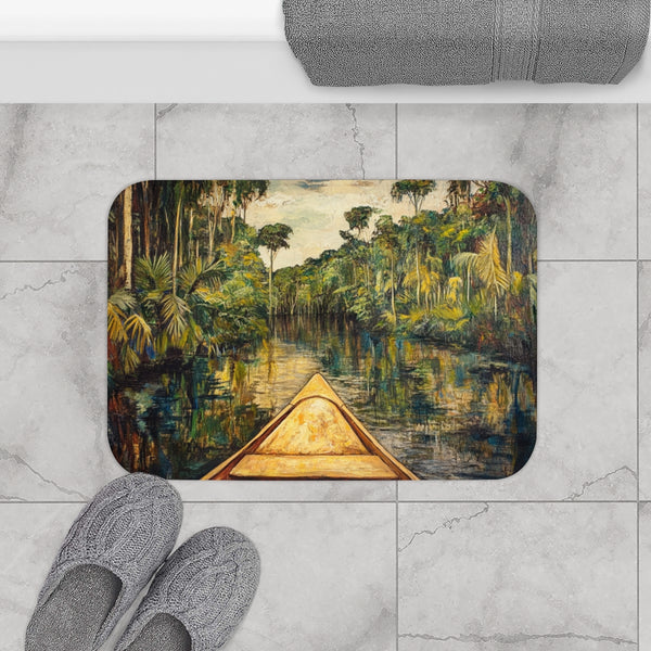 Journey Down the Amazon in Brazil Kayak Painting Ju — 61×43 Memory Foam Bath Mat — Modern Bathroom Floor Lifestyle View