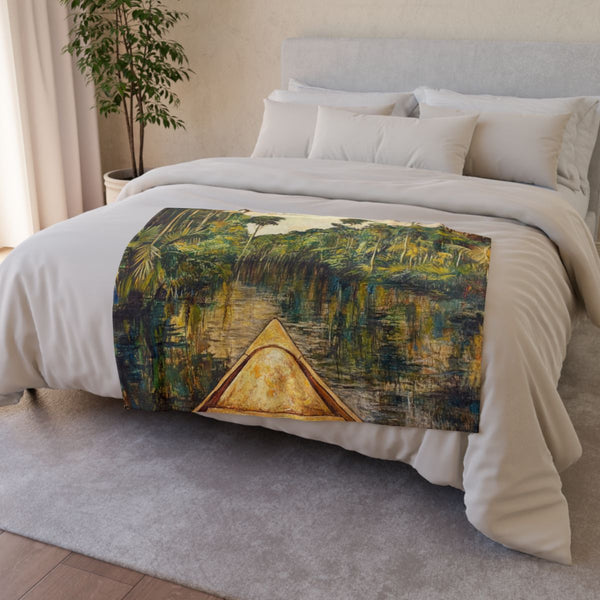Journey Down the Amazon in Brazil Kayak Painting Ju — 50×60 Plush Throw Blanket — Draped Over Sofa & Bed Lifestyle View