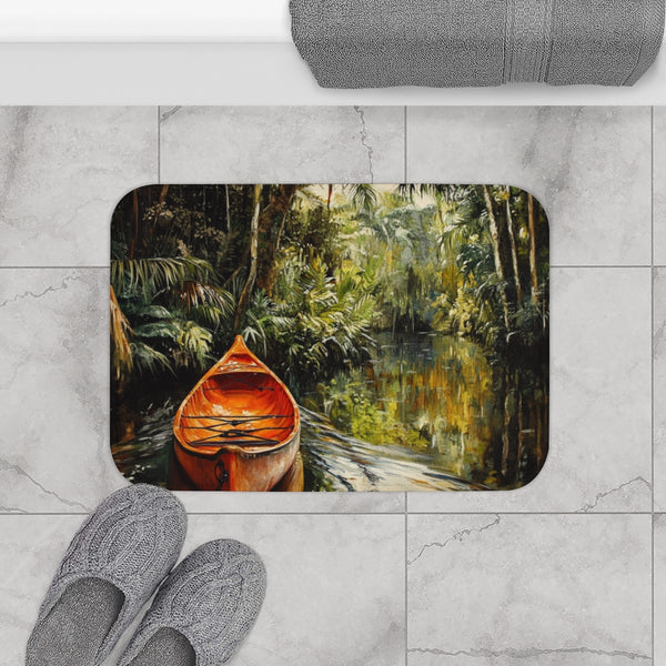 Journey Down the Amazon in Brazil Kayak Painting Ju — 61×43 Memory Foam Bath Mat — Modern Bathroom Floor Lifestyle View