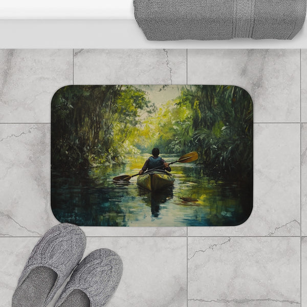 Journey Down the Amazon in Brazil Kayak Painting Ju (Edition XII) — Memory Foam Bath Mat — Modern Bathroom Floor Lifestyle View