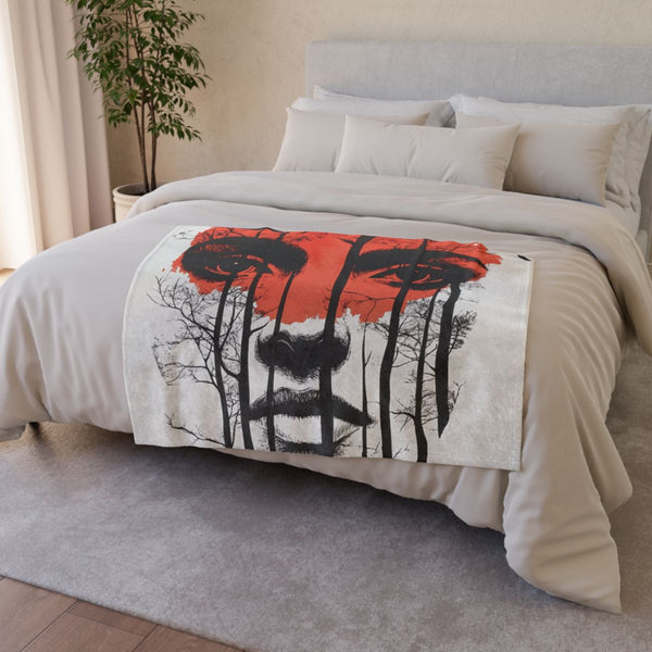 Juiceboxchris a Linocut Print on a White Background the Head of — Plush Fleece Throw Blanket — Drape over Sofa & Bed Lifestyle View