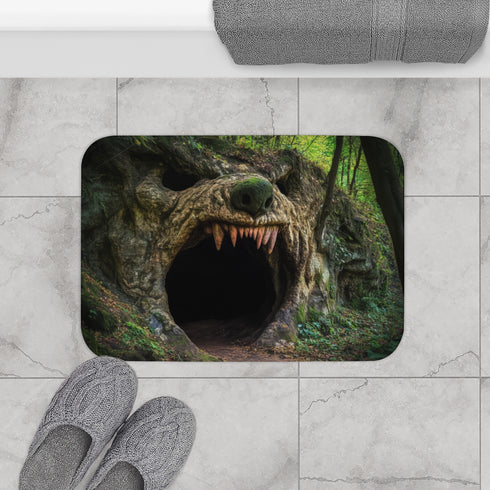 Jungle Cave Shaped Like Wolf Mouth — Memory Foam Bath Mat — Modern Bathroom Floor Lifestyle View