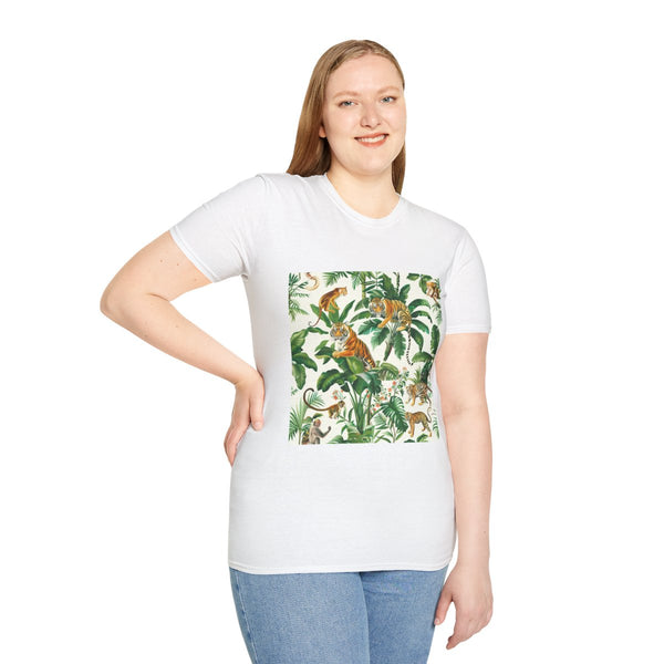 Tropical Jungle Safari Seamless Pattern — Graphic Cotton T-Shirt — Model Streetwear Fit View