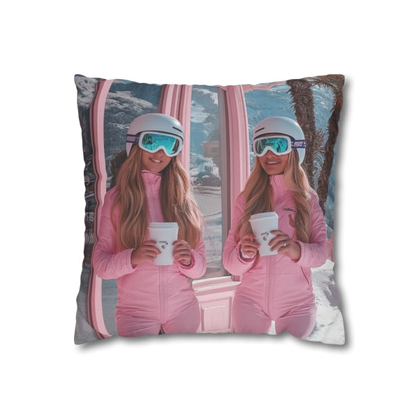 Katekaramasheva Photo Two Girls in Ski Overalls in Ski Helmets — Double-Sided Cushion Cover — Front Double-Sided Cushion View