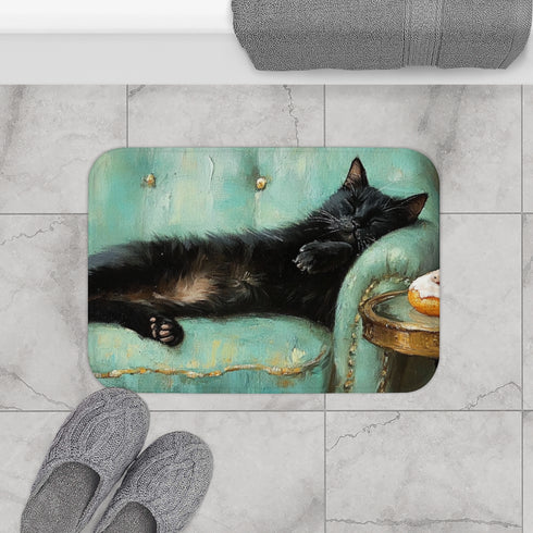 Keiska Black Cat Sleeping Stretched Out Luxury Memory Foam Bath Mat - Bathroom Lifestyle View