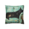 Keiska Black Cat Sleeping Stretched Out on a Teal Vintage Styl — 40×40 Cushion Cover — Front 40×40 cm Square Cushion View