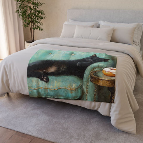 Keiska Black Cat Sleeping Stretched Out on a Teal Vinta — 50×60 Plush Throw Blanket — Draped Over Sofa & Bed Lifestyle View