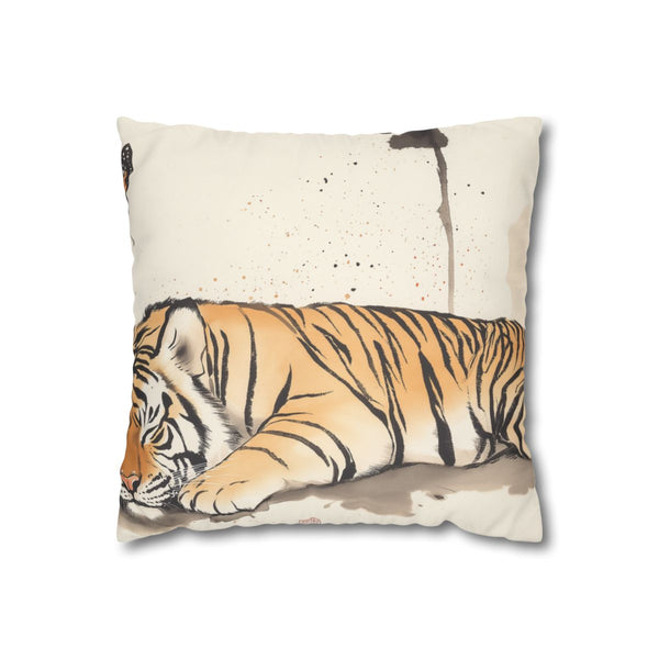 Ksprabbit Sleeping Tiger with a Butterfly Overhead. Illustrated — 40×40 Cushion Cover — Front 40×40 cm Square Cushion View