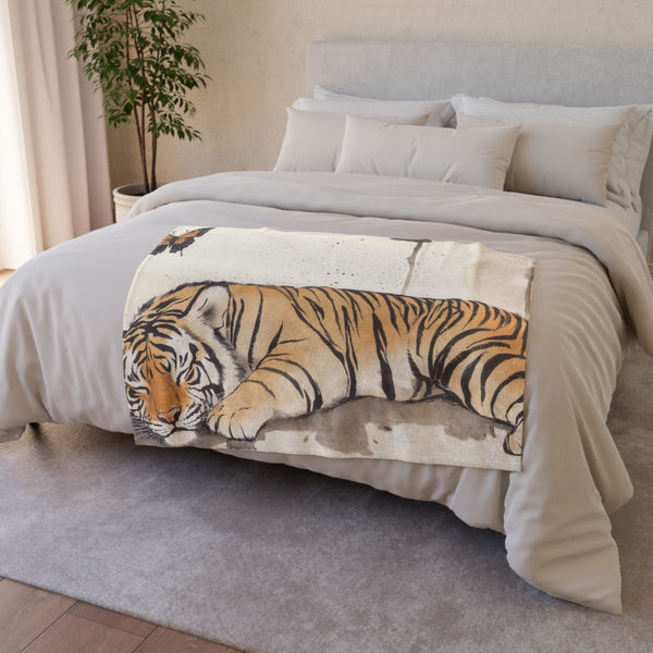 Ksprabbit Sleeping Tiger with a Butterfly Overhead. Ill — 50×60 Plush Throw Blanket — Draped Over Sofa & Bed Lifestyle View