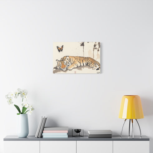 Sleeping Tiger with Butterfly Overhead — Stretched Canvas Wall Art — Living Room Wall Lifestyle View