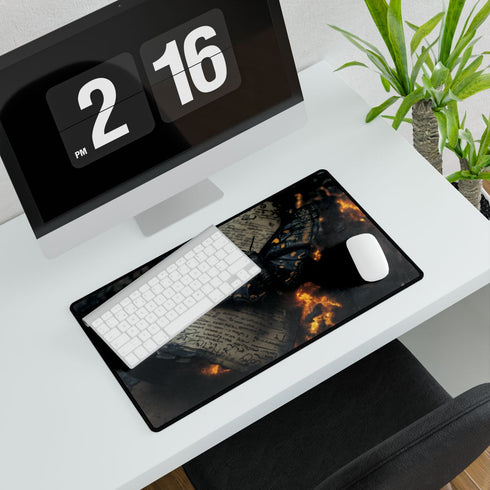 Lava Moth Resting on Burning Scroll — XL & XXL Desk Mat — Gaming & Workspace Desk Setup View