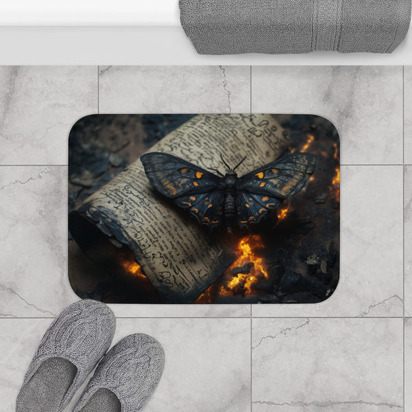 Lava Moth Resting on Burning Scroll — Memory Foam Bath Mat — Modern Bathroom Floor Lifestyle View