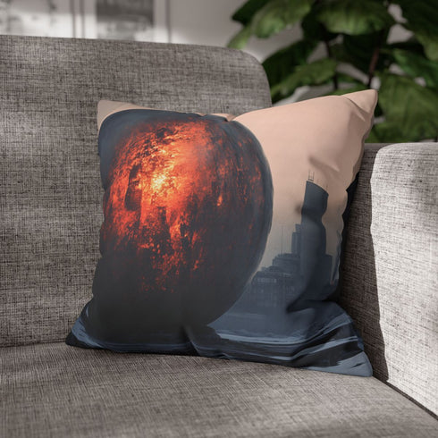 Lava Sphere Orbiting Frozen City — 40×40 Cushion Cover — Double-Sided Back & Concealed Zip Detail