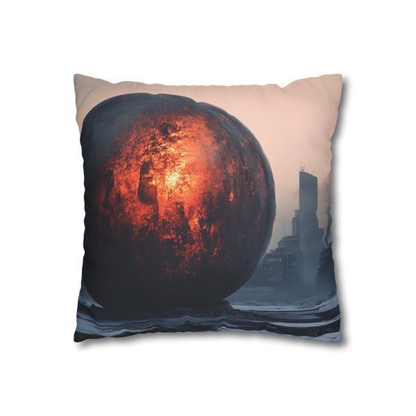 Lava Sphere Orbiting Frozen City Double-Sided Square Cushion Cover