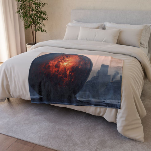 Lava Sphere Orbiting Frozen City — 50×60 Plush Throw Blanket — 300 GSM Plush Coral Fleece Texture Close-Up