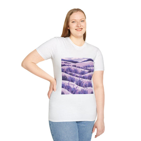 Provence Lavender Fields Seamless Pattern (Edition II) — Graphic Cotton T-Shirt — Model Streetwear Fit View