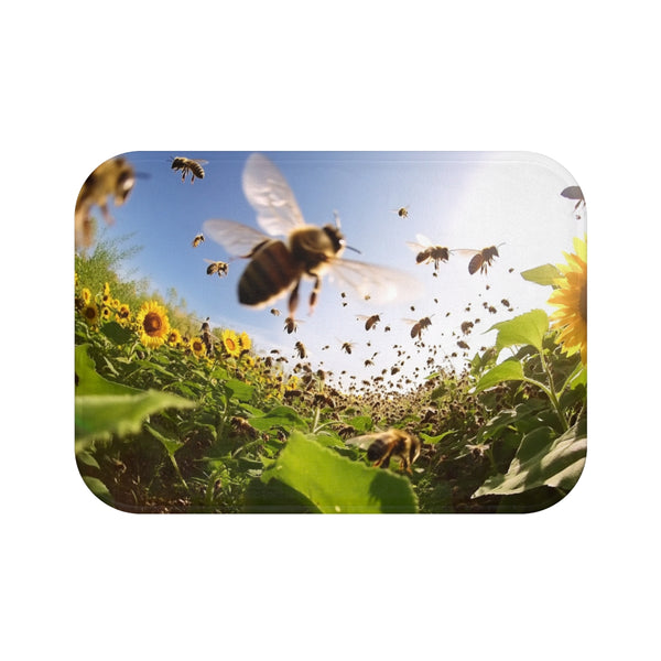 Lena2024x a Lush Sunflower Field with Thousands of Bees — 61×43 Memory Foam Bath Mat — Top-Down Velvet Microfibre Artwork Vie