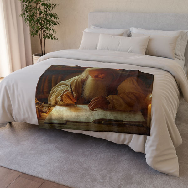 Leonardo da Vinci in His Renaissance Workshop — Plush Fleece Throw Blanket — Drape over Sofa & Bed Lifestyle View