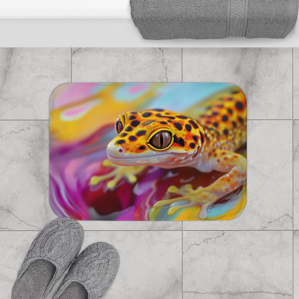 Cute Spotted Leopard Gecko Watercolor (Edition III) — 61×43 Memory Foam Bath Mat — Modern Bathroom Floor Lifestyle View