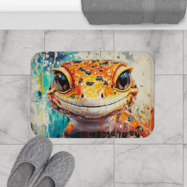 Cute Spotted Leopard Gecko Watercolor — 61×43 Memory Foam Bath Mat — Modern Bathroom Floor Lifestyle View