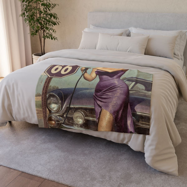 Lhz415 a Vintage Style Poster Featuring a Blonde Woman — 50×60 Plush Throw Blanket — Draped Over Sofa & Bed Lifestyle View
